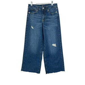 Gap Jeans Girls Size 12 Dark Wash Denim Wide-Leg Distressed Raw Hem